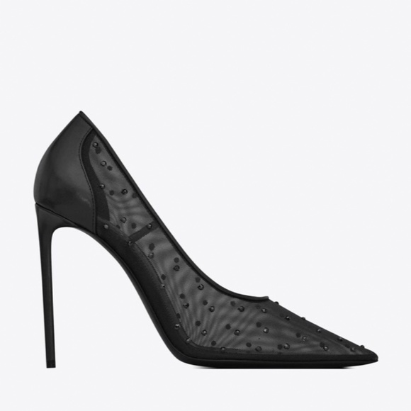 YSL Saint Laurent Black Anja Rhinestone Mesh Heels (sz 35.5) - Picture 2 of 16